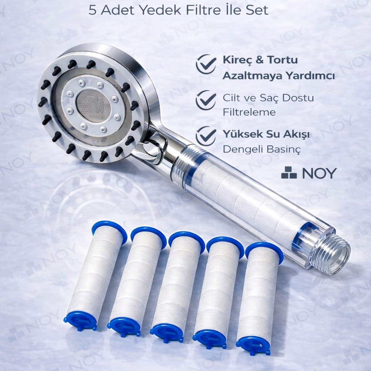 NOY Filtreli Duş Başlığı Krom — 5 Yedek Filtre, Klor ve Kireç Önleyici, Yüksek Basınçlı