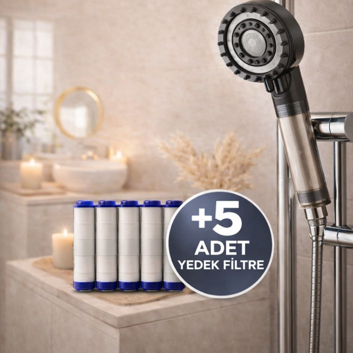 NOY Filtreli Duş Başlığı Premium Siyah — 5 Yedek Filtre, Klor ve Kireç Önleyici, Yüksek Basınçlı