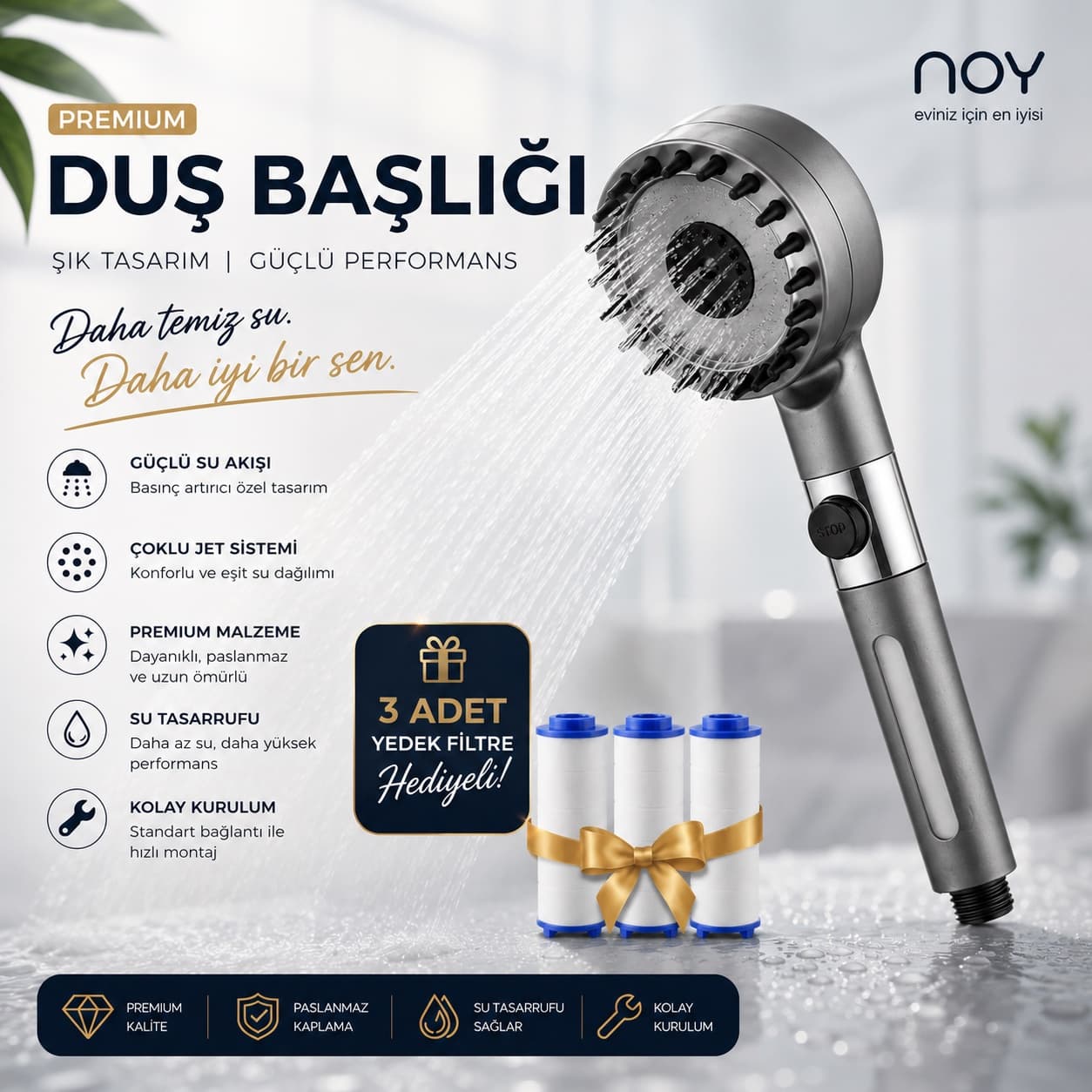NOY Filtreli Duş Başlığı Masajlı Gri — 3 Yedek Filtre Hediyeli, Klor ve Kireç Önleyici