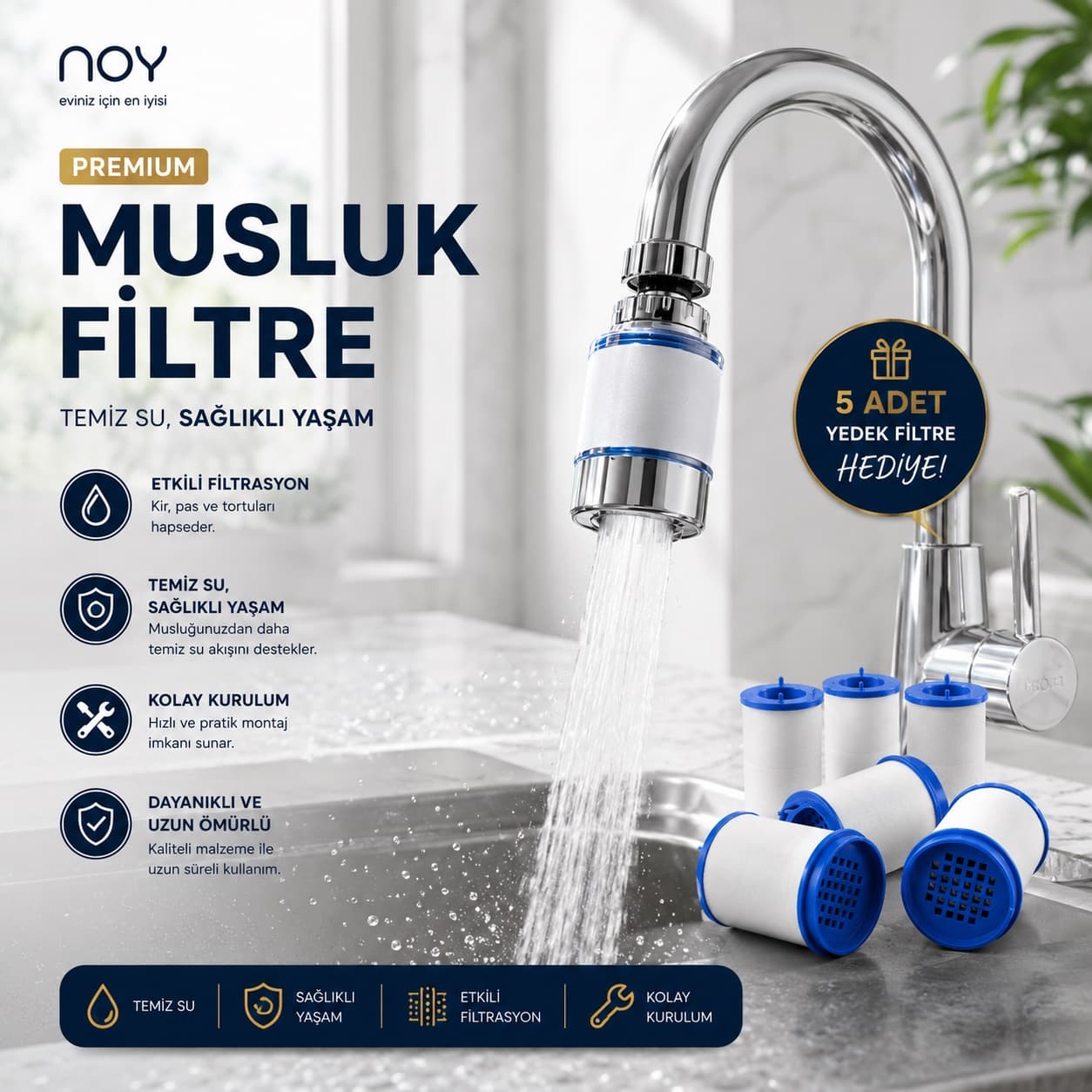 NOY Filtreli Musluk Başlığı — Su Arıtıcı ve Kireç Önleyici