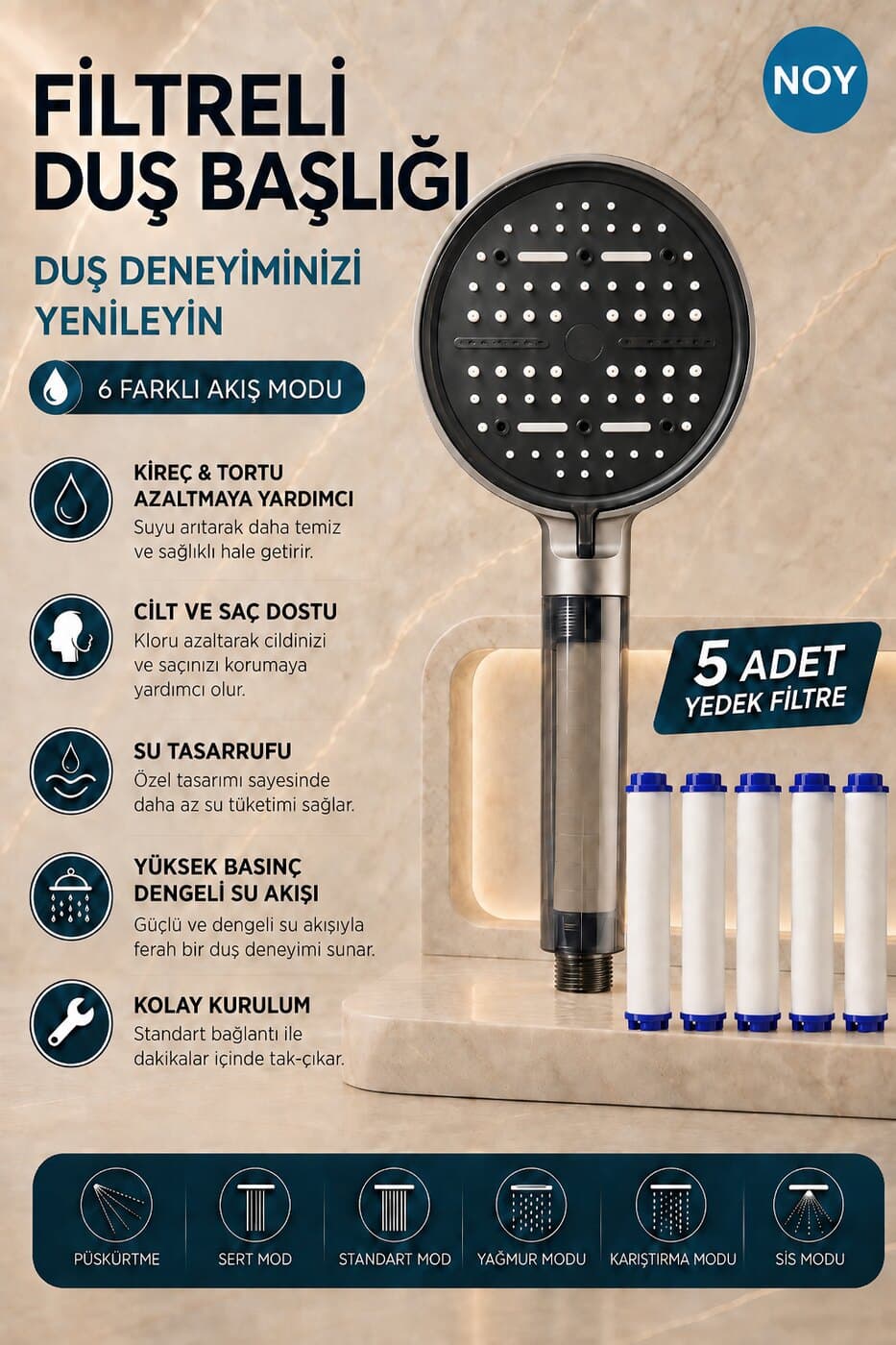 NOY Gri 6 modlu duş başlığı — öne çıkan özellikler ve 5 yedek filtre