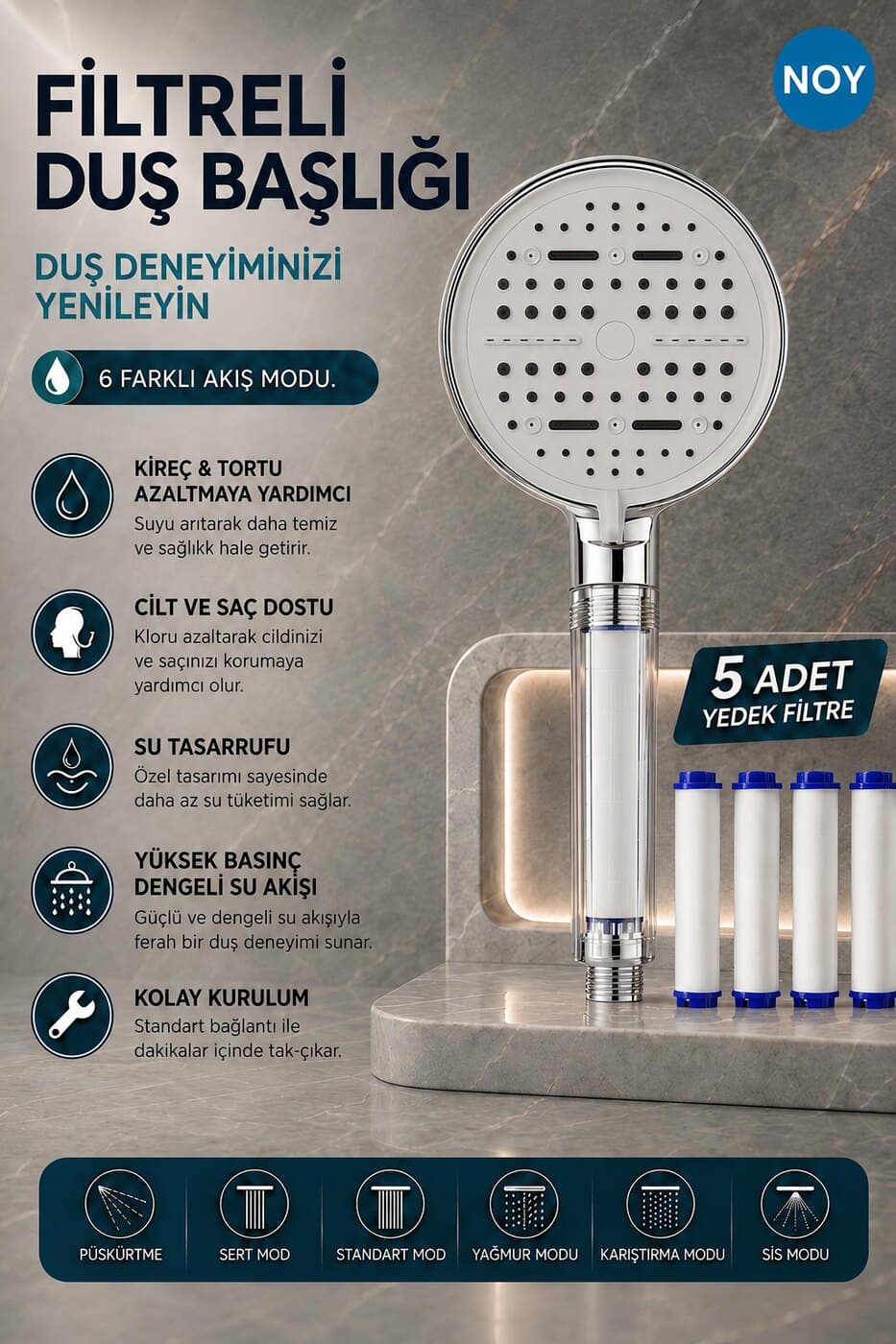 NOY Krom 6 modlu duş başlığı — öne çıkan özellikler ve 5 yedek filtre