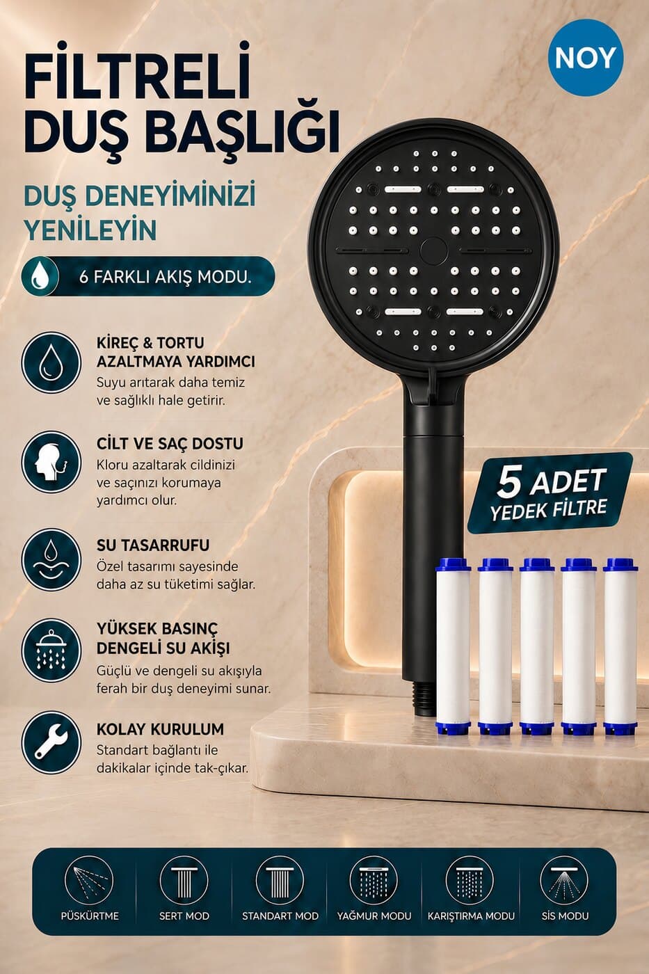 NOY Mat Siyah 6 modlu duş başlığı — öne çıkan özellikler ve 5 yedek filtre