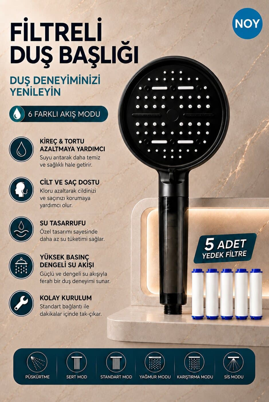 NOY Siyah 6 modlu duş başlığı — öne çıkan özellikler ve 5 yedek filtre