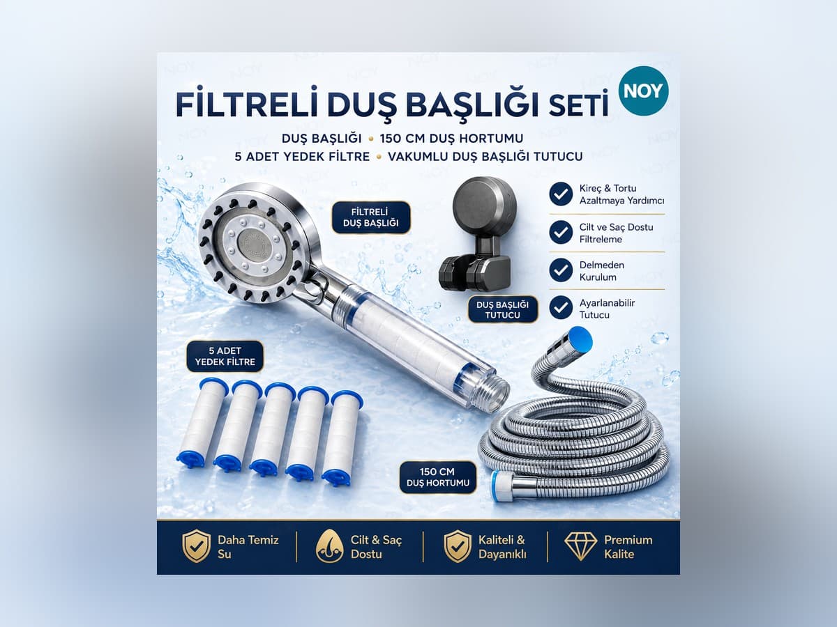 Filtreli Duş Başlığı Seti — Hortum + Tutucu