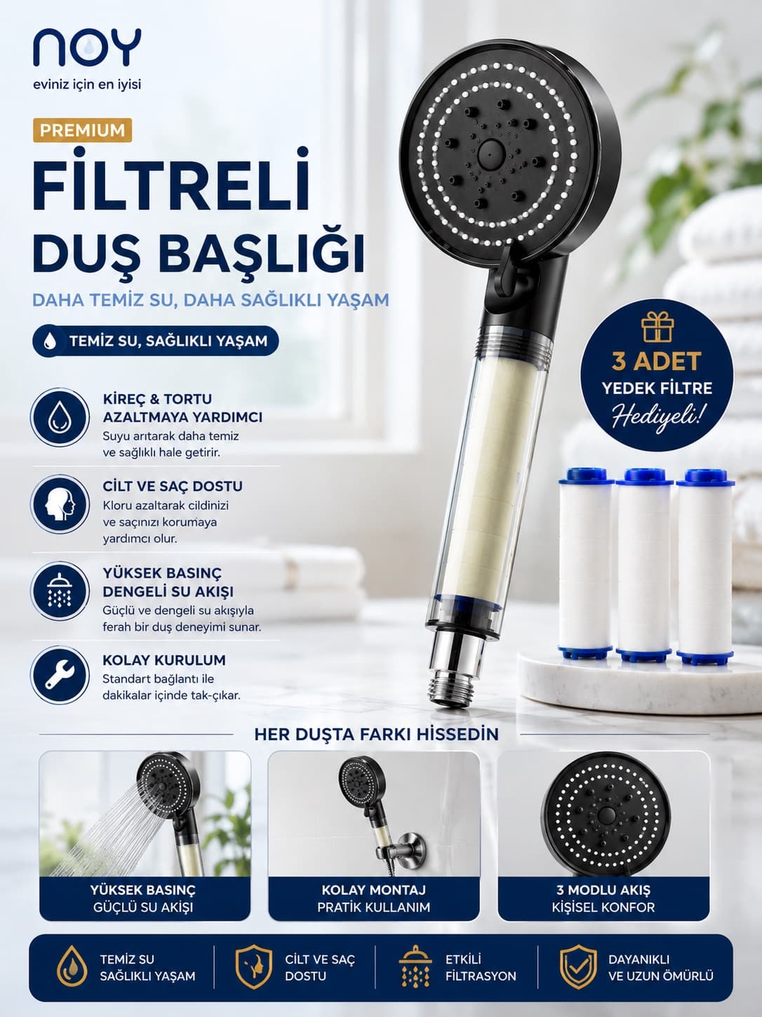 NOY Premium Siyah Filtreli Duş Başlığı — yedek filtre hediyeli