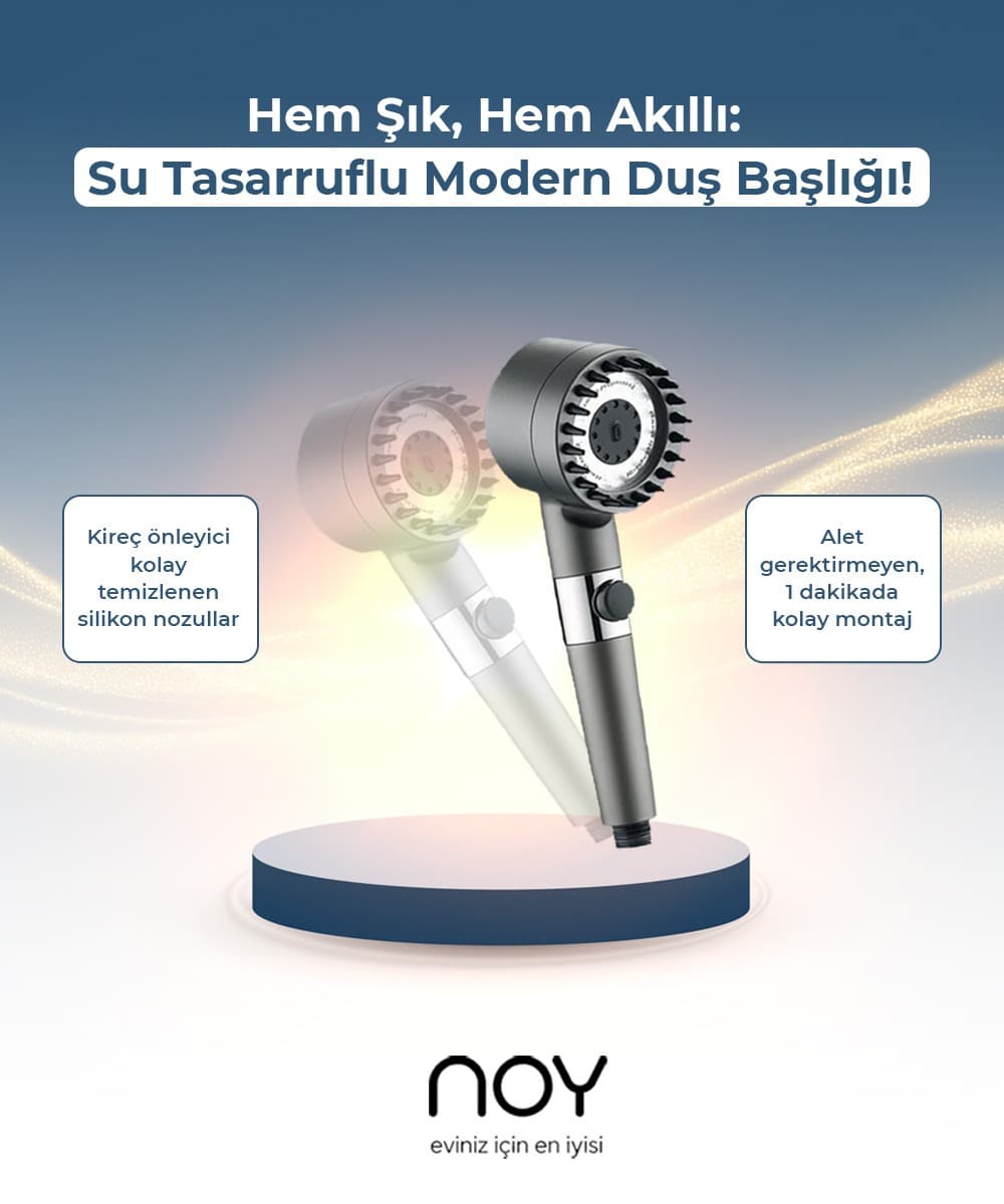 NOY filtreli duş başlığı — kireç önleyici silikon nozullar, 1 dakikada montaj