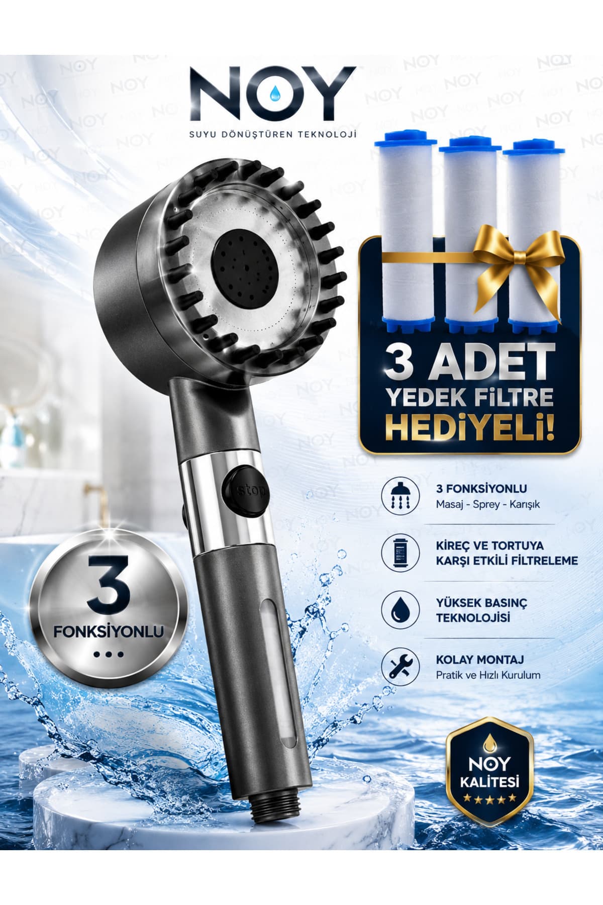 NOY Masajlı Gri Filtreli Duş Başlığı
