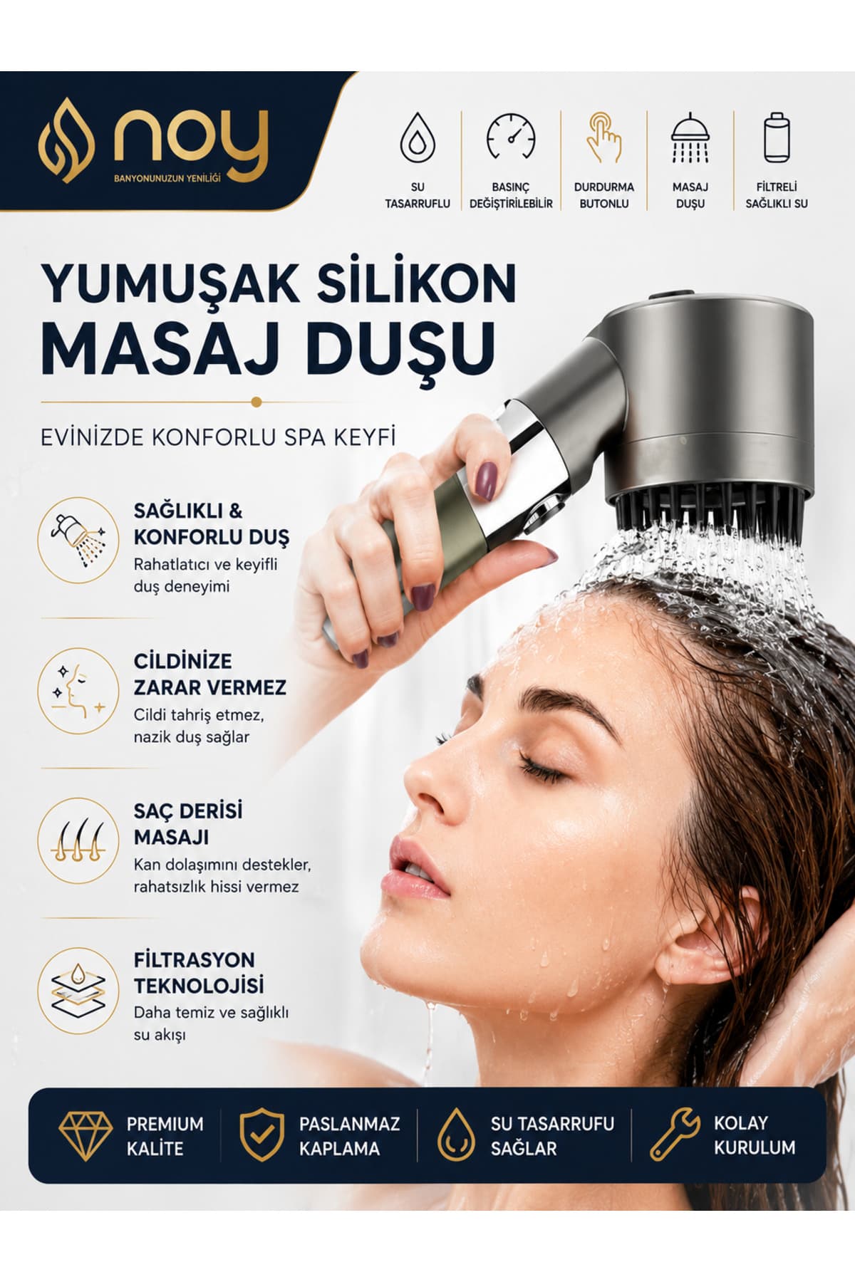 Masajlı duş başlığı ön ve arka görünüm