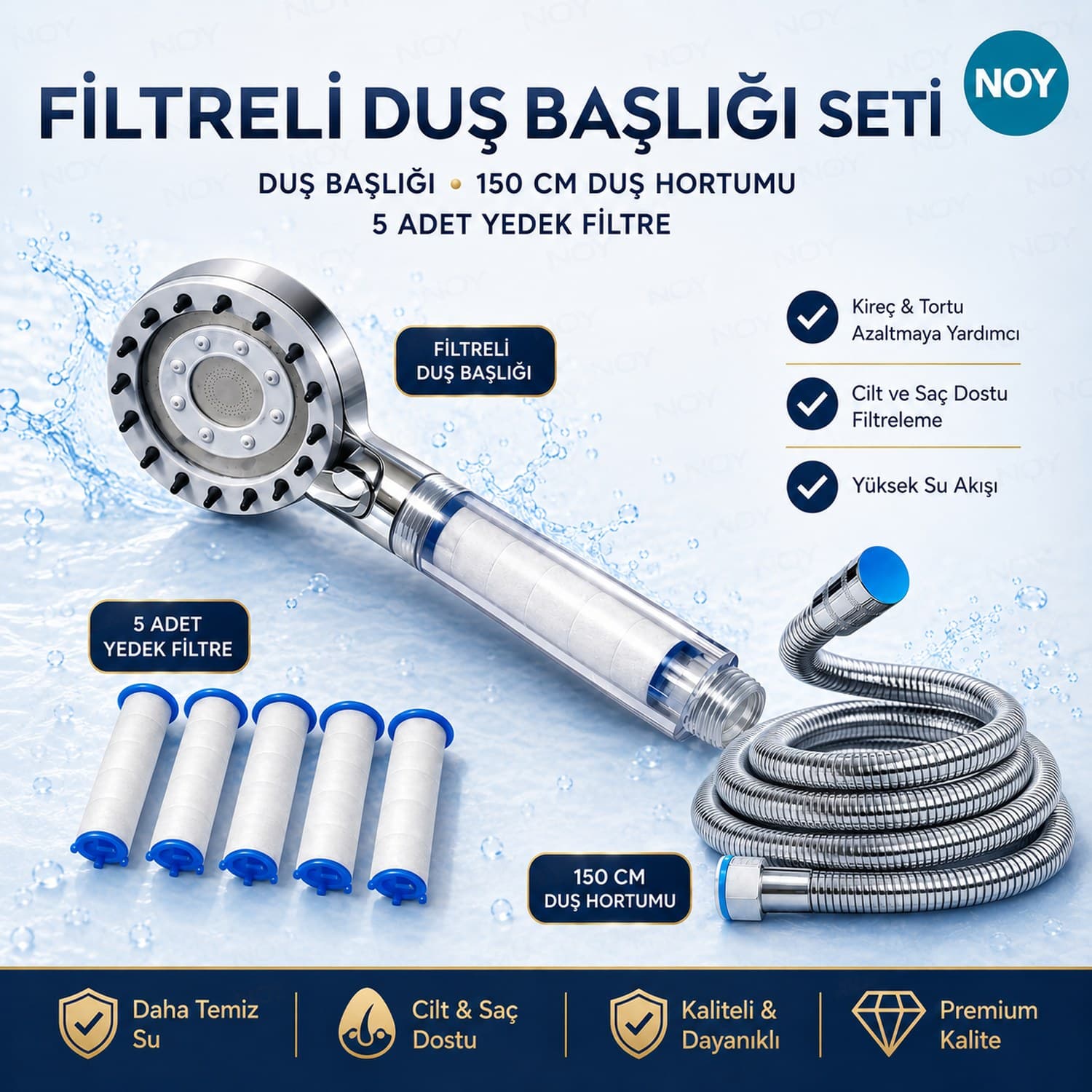NOY Filtreli Duş Başlığı Seti — başlık, 5 yedek filtre ve 150 cm duş hortumu