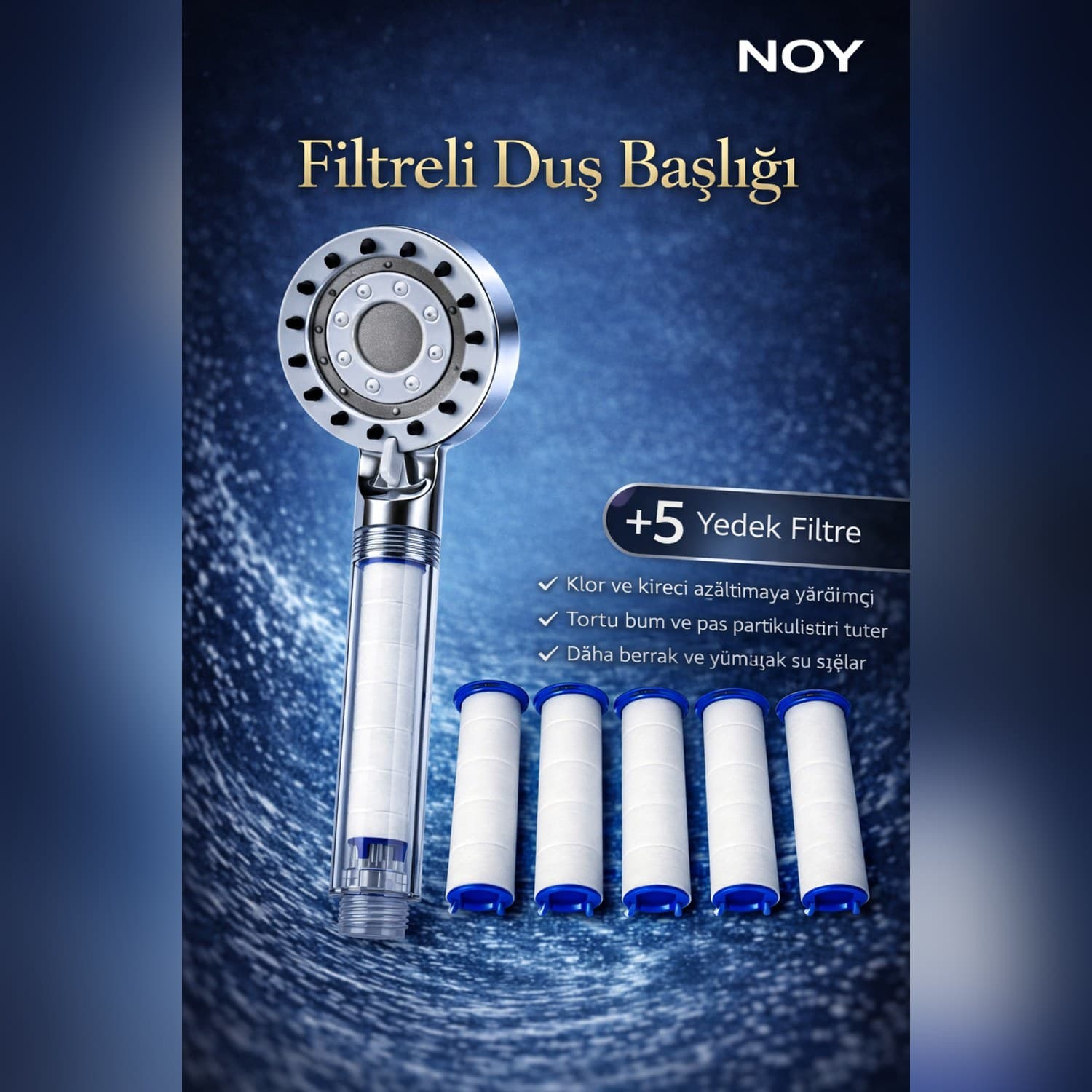 Krom filtreli duş başlığı ve 5 yedek PP filtre kartuşu