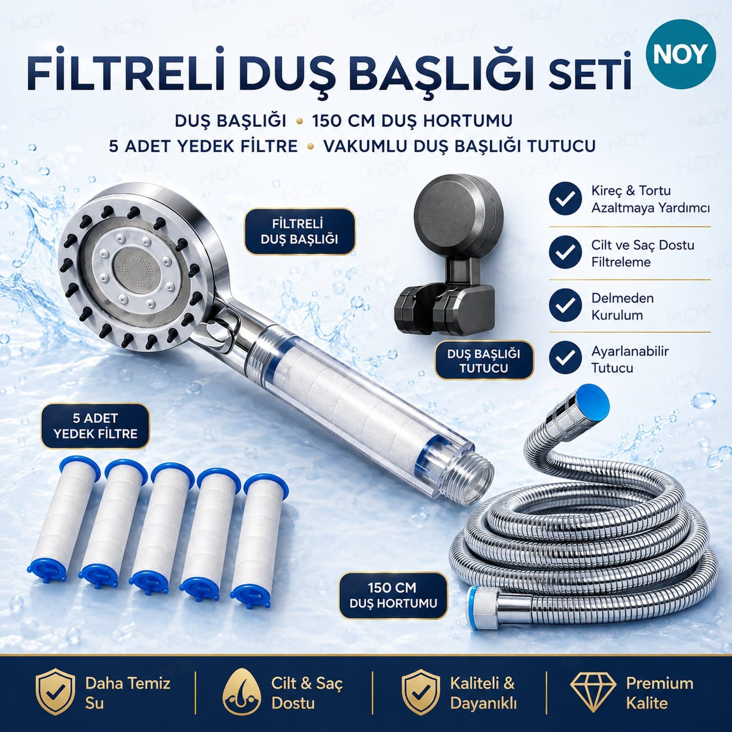 NOY Filtreli Duş Başlığı Seti — başlık, 5 yedek filtre, 150 cm hortum ve tutucu