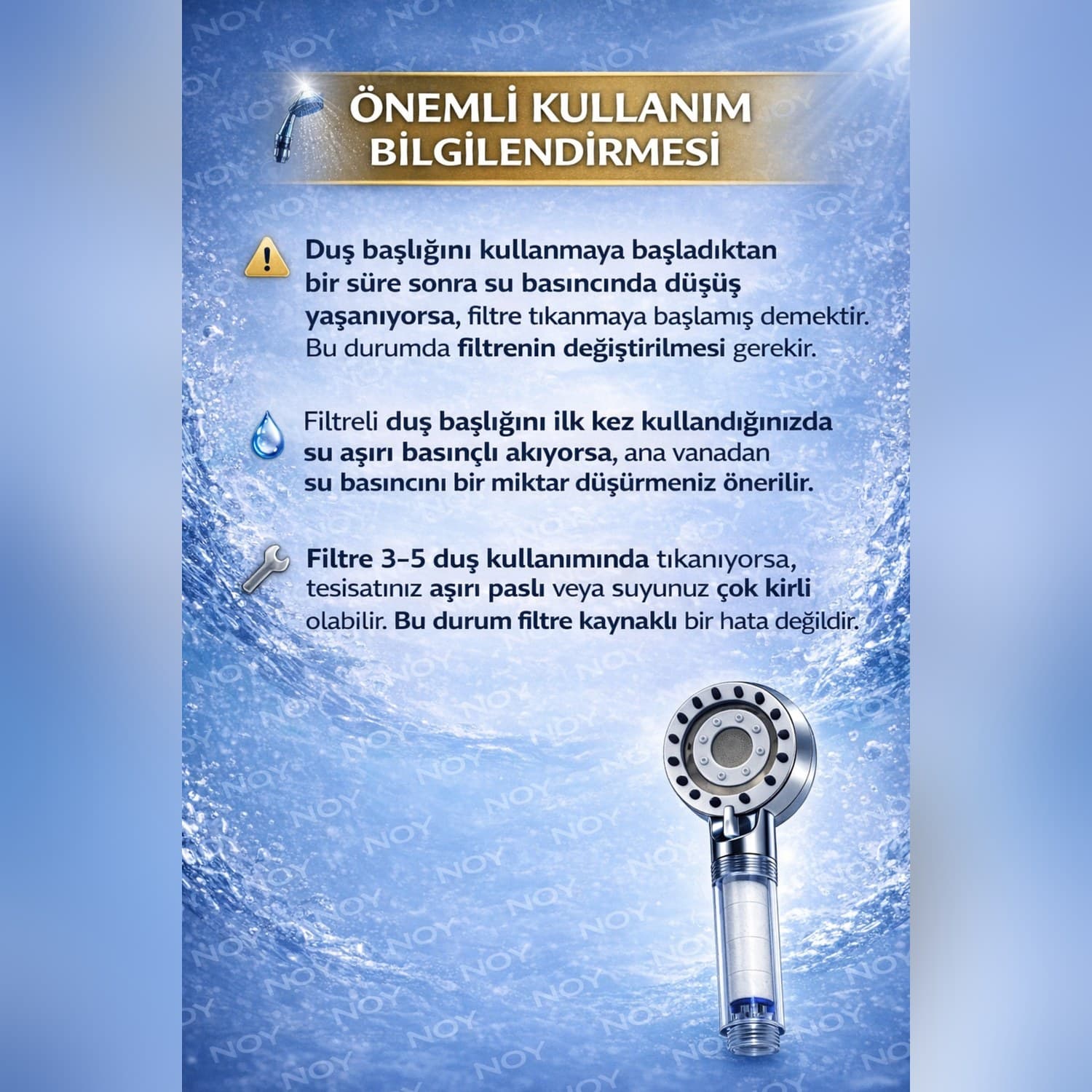 Filtreli duş başlığı kullanım bilgilendirmesi