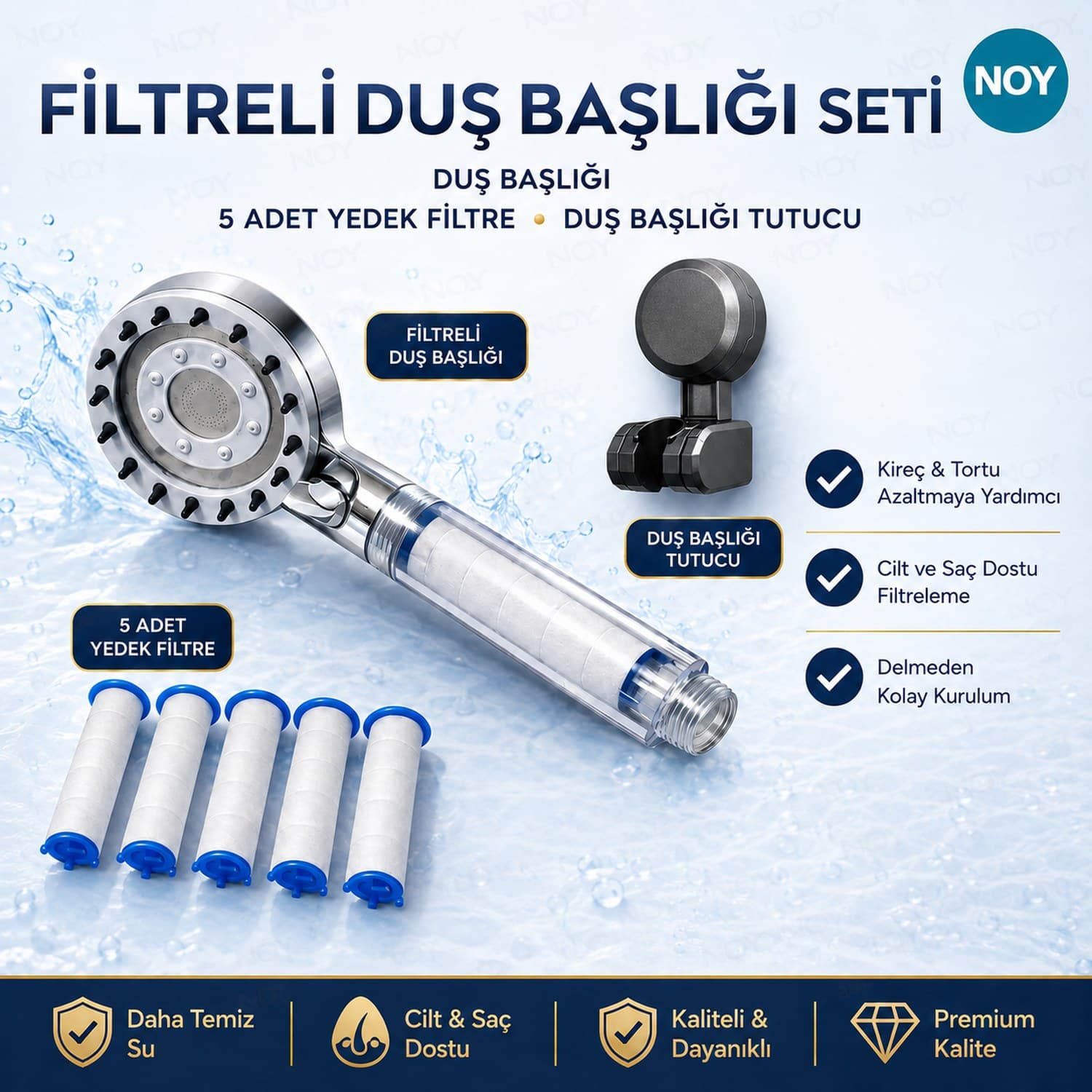 NOY Filtreli Duş Başlığı Seti — başlık, 5 yedek filtre ve duş başlığı tutucu